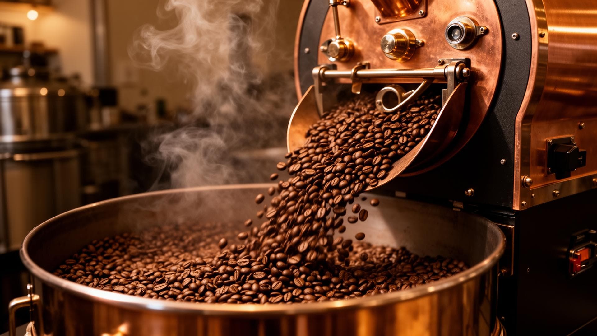 Freshly roasted coffee beans tumbling from a copper roaster